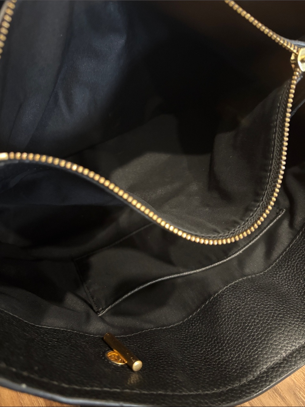 Tory Burch Dark Navy Almost Black Leather Tote with Gold Logo & Chain Straps - Picture 8 of 12